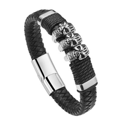 China Customization fashion jewelry black leather bracelet magnetic stainless steel bracelet for sale