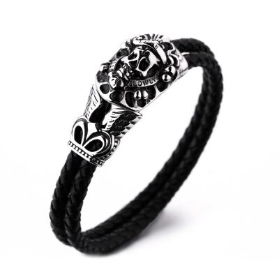 China Man's leather bracelet man's stainless steel skull magnetic clasp bracelet for sale