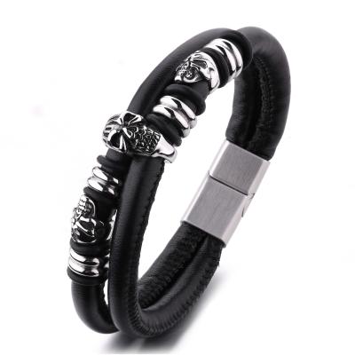 China High Quality Stainless Steel Skeleton Skull Bracelet Men Vintage Jewelry Wholesale Black Leather Bracelets for sale