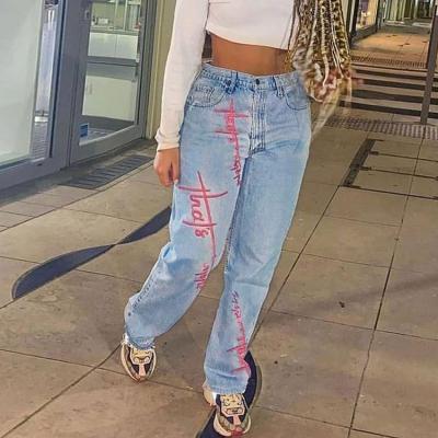 China High Quality Fashion Letter Women Ladies XS Clothing Viable Soft Jeans Pants High Quality Graffiti Pants Denim Trousers for sale