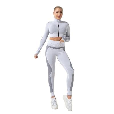 China Yoga Fitness Wear Breathable Zipper Down Leggings 2021 Newest Design Women Sport Workout Gym Seamless 2pcs Set High Waisted Gaiters for sale