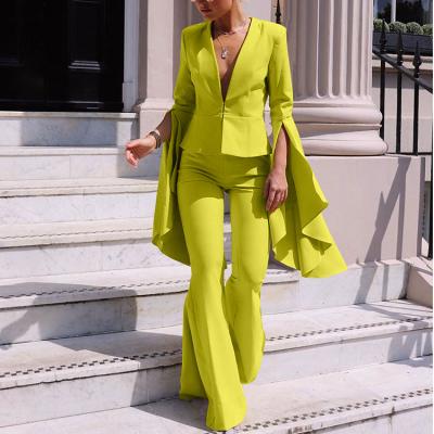 China Chic Elegant Viable Plus Size Ladies Office Wear Clothes Irregular Sleeve Flare Pants 2 Set Two Piece Pant Suits For Women for sale