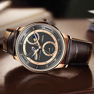 China OEM Brand Luxury Leather Waterproof Automatic Wristwatches Full Hands Custom Wrist Mens Watch Stainless Steel Calendar LOBINNI Logo Watches for sale