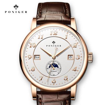 China PONIGER Automatic Date Watch 2021 New Arrival Products Vintage Uhr Seagull Genuine Leather Automatic Mechanical Wristwatches Watches For Men for sale