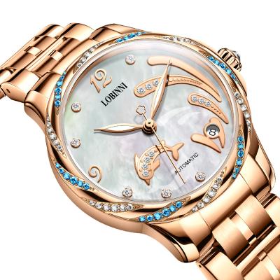 China Automatic Date LOBINNI 2060 Women Watch Automatic Mechanical Watch 2020 Rose Gold Unique Dolphin Crystal Stainless Steel Round for sale