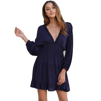 China Anti-wrinkle V-neckNew Fashion High Quality Elegant Vintage Sparkle Sexy Women Ladies Summer Chiffon Dresses Long Sleeve for sale