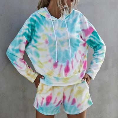 China Unique Tie Dye Anti-pilling Active Crew Neck Ladies 2 Piece Hoodie Tops And Short Sportswear Sets for sale