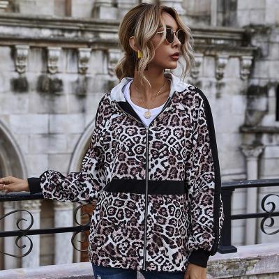 China Anti-wrinkle Leopard Print Zipper Women Hooded Coats Casual Jackets With Pocket Women's Long Sleeve Leopard Print Zippered Hoodie for sale