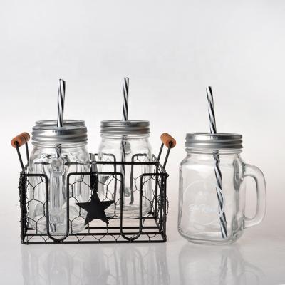 China Wholesale Clear Glass Jar Drinkware Canning Food Beverage Mason Jar With Metal Stand And Lid for sale