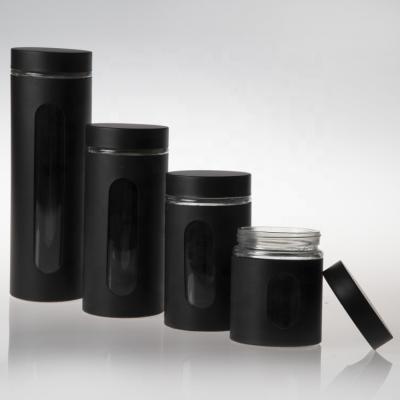 China Hot Selling Canned Food Stainless Steel Black Coating Sets Glass Food Storage Jar and Glass Bottle Jar with Window and Lid for sale