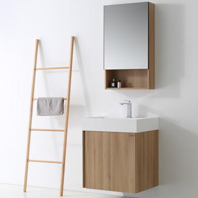 China Waterproof Modern Home Bathroom Tiny Vanity Cabinet European Melamine Board Wood Color Finish for sale