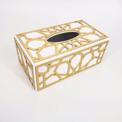 China Cheap custom made luxury rectangle laser designer tissue box in gold wood for sale