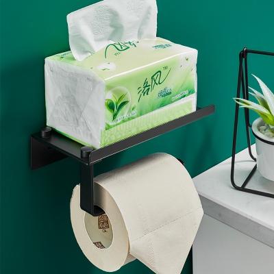 China Bathroom Toilet Paper Holder Modern Space Aluminum Black No Drilling Adhesive Toilet Paper Roll Shelf for sale