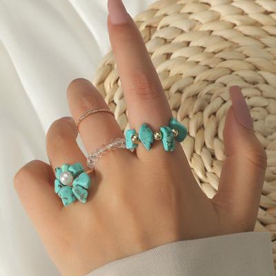 China 1 Set For 4 Rings Hot Selling Ins Style 18 K Gold Plated Personality Flower Fashionable Handwoven Natural Stone Ring Turquoise Rings Set For Women for sale