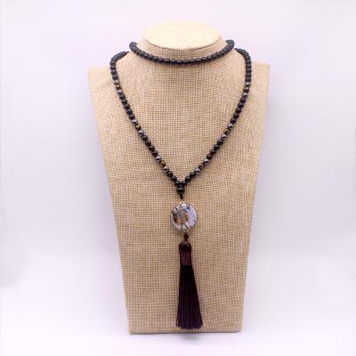 China Hot Selling CLASSIC Tibetan Style Pendants Natural Onyx 6mm Sweater Chain 28inches 28inches Tassel Jewelry Necklace With Incantation for sale