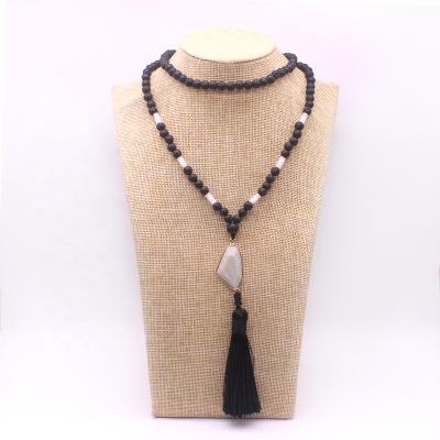 China Hot Selling CLASSIC Volcano Necklace Pendants Natural 28inches Lava 6mm Sweater Chain Tassel Jewelry Necklace With Matte Amzonite Faceted for sale