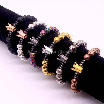 China New CLASSIC Lava Stone Beads CZ crown bracelet couples his and hers lovers volcanic rock bracelet jewelry wholesale for sale