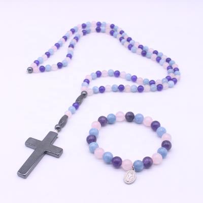 China Hot Sale Environmental Friendly Jewelry Set Natural Semi Precious Stone Hematite Cross Pendant Necklace For CHRISTIAN Dreamy Gemstone Bracelet Wholesale for sale