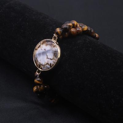 China New Trendy style natural tiger eye weathered agate stone stretch twist bracelet 14kgold electroplate women's jewelry bracelet wholelsale for sale