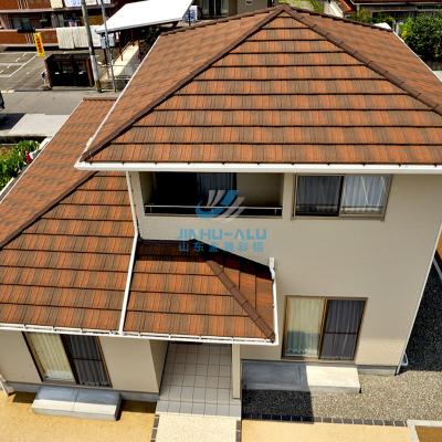 China Modern Building Materials Sand Stone Color Wood Coated Roof Metal Roof Tile Type for sale