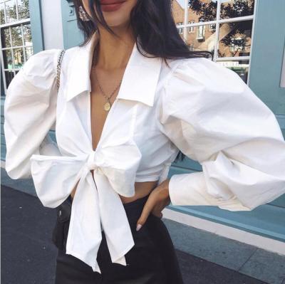 China High Quality Anti Shrink 100% Cotton Puff Sleeve Long Blouse Women Crop Top Puff Sleeve Top for sale