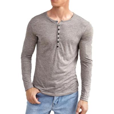 China Custom Running Anti-Wrinkle Fitness Cotton Men Tops Neck Button Detail Tee Long Sleeves Round T-Shirt for sale