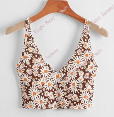 China Sweet Women Daisy Print Ribbed Top for sale