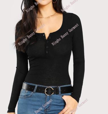 China Casual Women's Front Button Half Placket Solid Rib T Shirts for sale