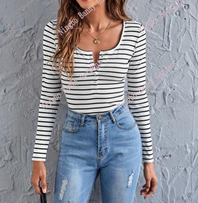 China Casual Women's Front Button Half Placket Striped T Shirts for sale