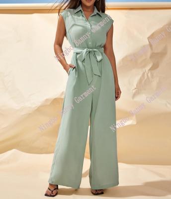 China 95% Polyester 5% Spandex Women Button Front Belted Wide Leg Jumpsuit for sale