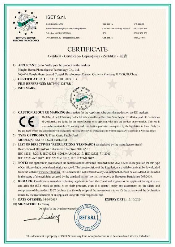 CE - Ningbo Ronta Photoelectric Technology Co., Ltd.