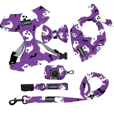 China Custom Personalized Dog Accessories Sublimation Dog Harness Set Deluxe Pet Leash Bow Tie and Collar Halloween Dog Harness Set for sale