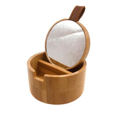 China Eco-friendly Round Natural Bamboo Small Portable Small Makeup Jewelry Storage Box With Makeup Mirror for sale