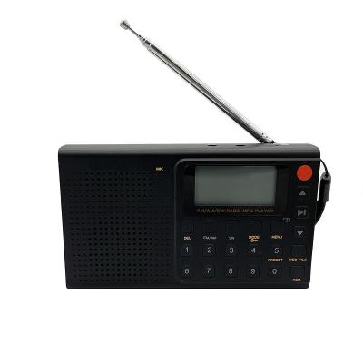 China New Release FM 2021 stereo sound MP3 player pocket alarm clock recorder AM/FM/SW radio power supply with built-in battery and DC port for sale