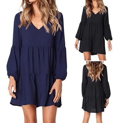 China 2021 Anti-wrinkle elegant custom plus size women's casual chiffon knee-length loose full length V-neckline solid color drop dress for sale