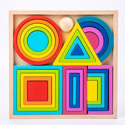 China Eco-friendly Baby Wood Box Shape Rainbow Material Balance Blocks Building Block Children Early Educational Wooden Toy for sale