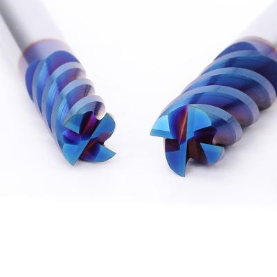 China HRC65 Carbon Steel Tungsten Carbide Milling Cutter CNC Tools Nano Blue Coated 4 Flute Square End Mill For Steel for sale