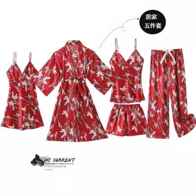 China New Style QUICK DRY Printing Pajamas Adjusting Short Night Wear Nightclothe Satin Lace Bra Strap Women Nightgowns Set for sale