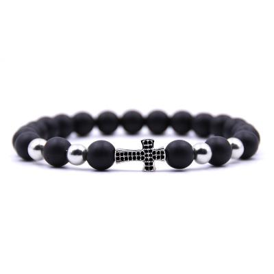 China Lava Matte Beaded Bracelets Handmade Men Women Black Fitness Cross Natural Stone Prayer Couples Charm Bracelet Chain Bracelet for sale