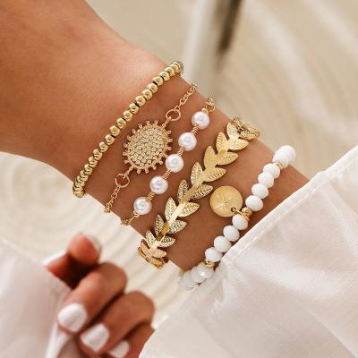 China 5pcs/set Fashion TRENDY Gold Color Beads Bead Star Multilayer Beaded Bracelets Set For Women Charm Bracelet for sale