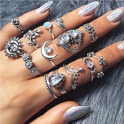 China European and American blue love Crystal Ring Sets of 14pcs/set FASHIONABLE new Ring Retro Diamond Engraved Crown for sale