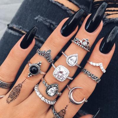 China Fashionable 11pcs/set Women's Diamond Glass Crystal Moon Ring Retro Full Antique Silver Combination Ring Set 11pcs/set for sale