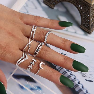 China New 2021 YOULAN FASHIONABLE 7 Pieces \ Set Personalized Silver Cross Moon Ring Retro Leaf Rings Simple Set For Women for sale