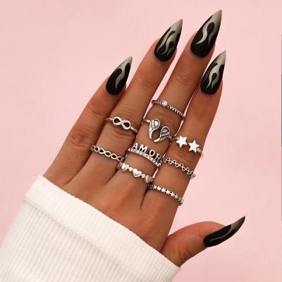 China FASHIONABLE Bohemian Heart Knuckle Ring Set Angle Wing Star Alloy 9pcs/set Silver Plated Rings Set For Women Jewelry for sale