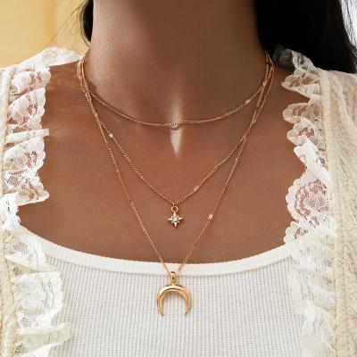 China CLASSIC Vintage Choker Boho Gold Layered Necklaces Jewelry Fashion Moon Star Crystal Chain Necklaces Set For Women for sale