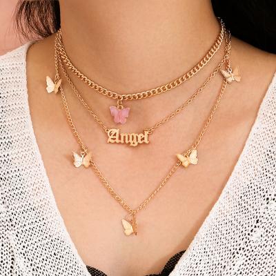 China Double Chain Angel Necklaces Women Jewelry Water Wave Necklace Choker Necklaces Gold Color Butterfly FASHION Statement Pendants for sale