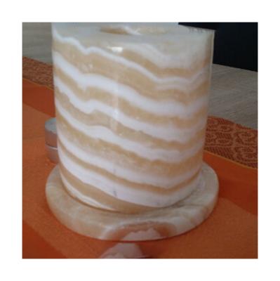 China Nartural Modern Chinese Marble Stone Alabaster Honey Onyx Round Orange Globe Candle Holder for sale