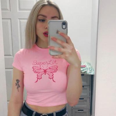 China Anti-wrinkle 2021 Summer Sexy Letter Neck Print Pink Short Sleeve T-shirt O Tops Knit Cropped Blouse Cropped Tops for sale