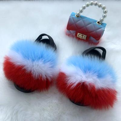 China Flat 1 Pcs Custom Colors Kid Lady Real Fuzzy Fur Scandal Fluffy Pink Wholesale Fox Raccoon Fur Slides For Women for sale