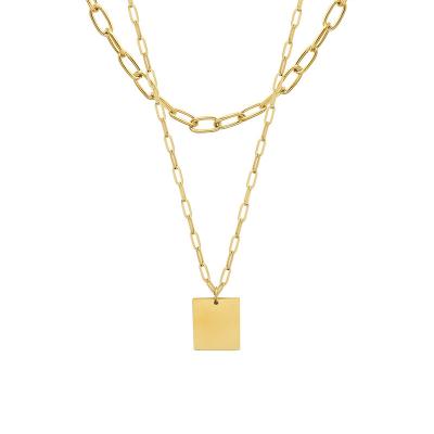 China Casual/Sporty Double Layer 18k Gold Plated Stainless Steel Jewelry Square Hip Hop Clavicle Necklace For Women for sale